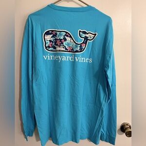 Men’s Medium Vineyard Vines Aqua Long Sleeve T-shirt Tropical Yacht & Hibiscus